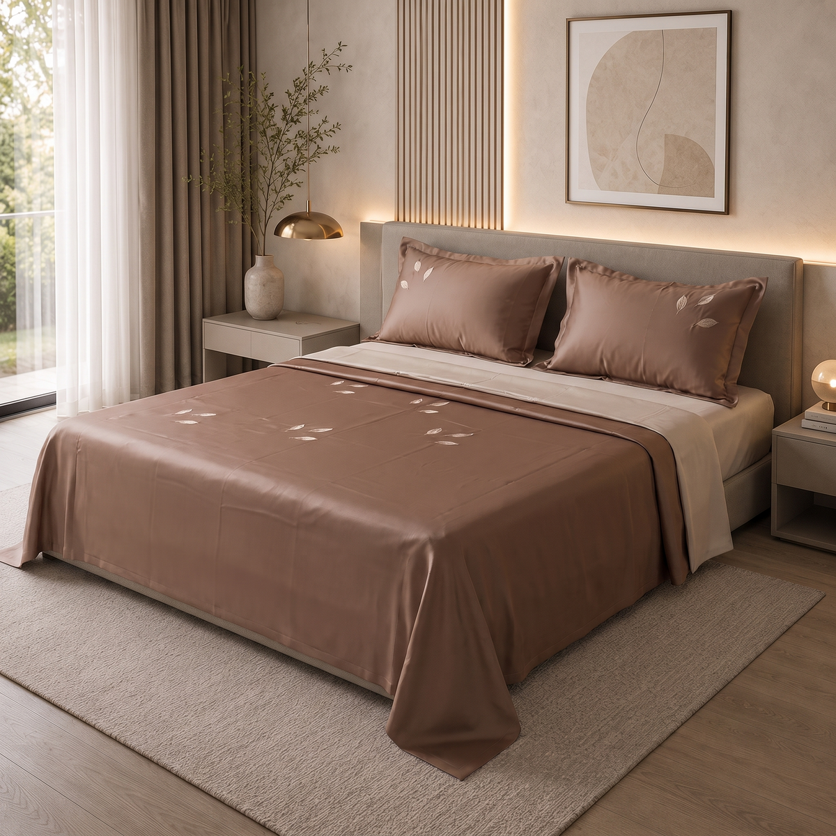 Parure de Lit Brodée Satin de Coton 6 Pièces — Housse de Couette 240x260