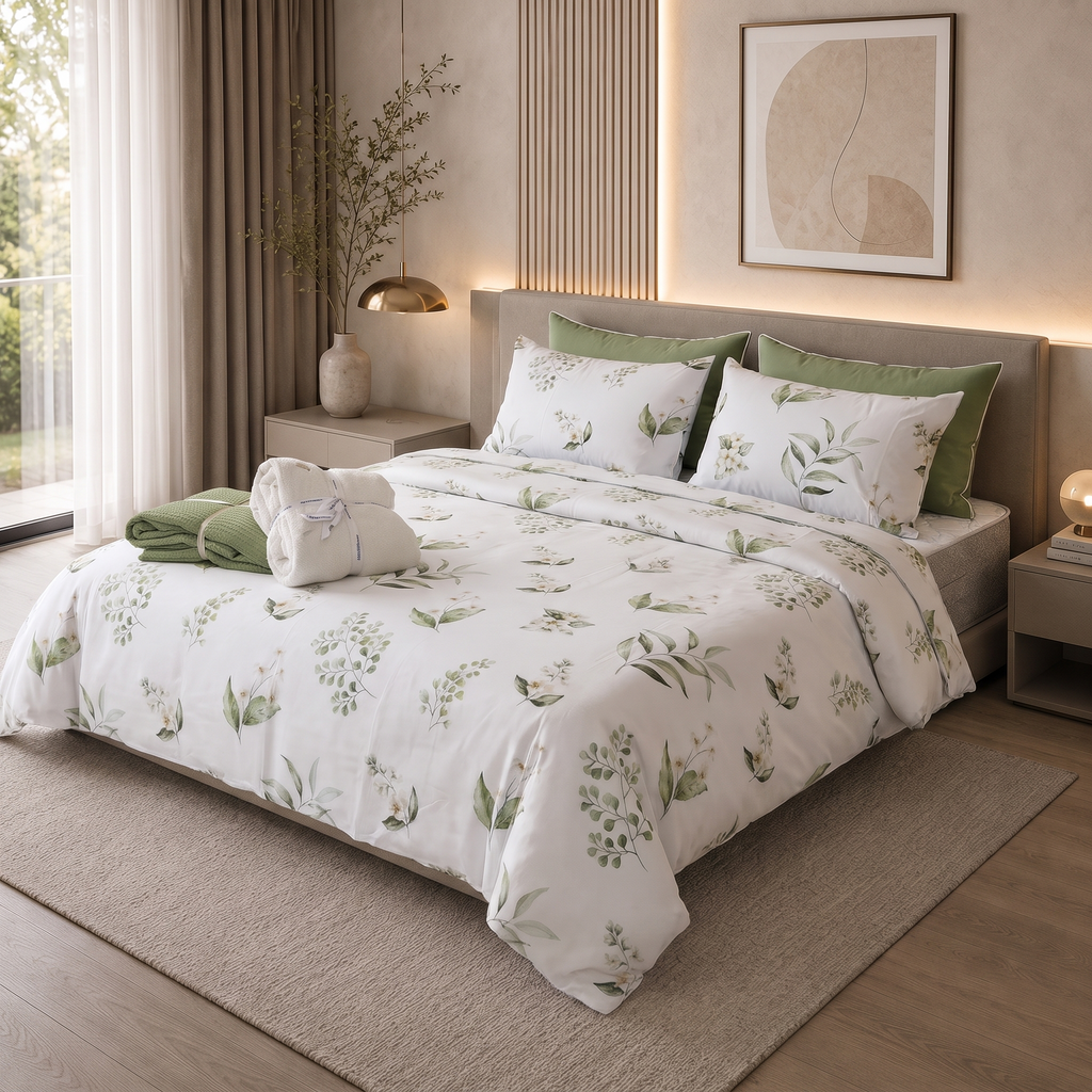 Parure de lit satin de coton 6 pièces modèle 2 pour lit 180x200, drap plat 240x260 et 4 taies d'oreiller 50x70