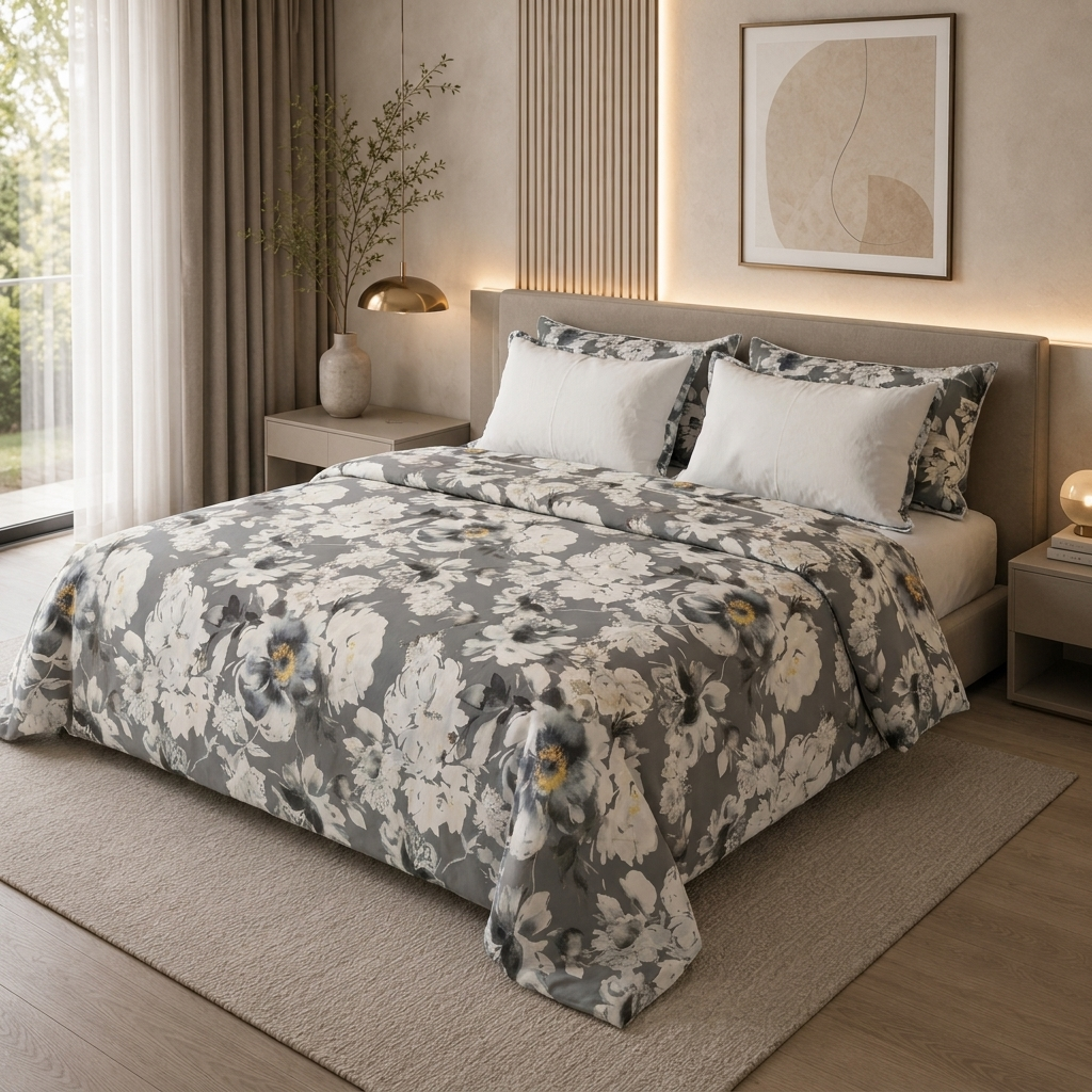 Parure de lit 2 places en satin de coton modèle 4, ensemble 6 pièces drap plat 240x260 et taies 50x70