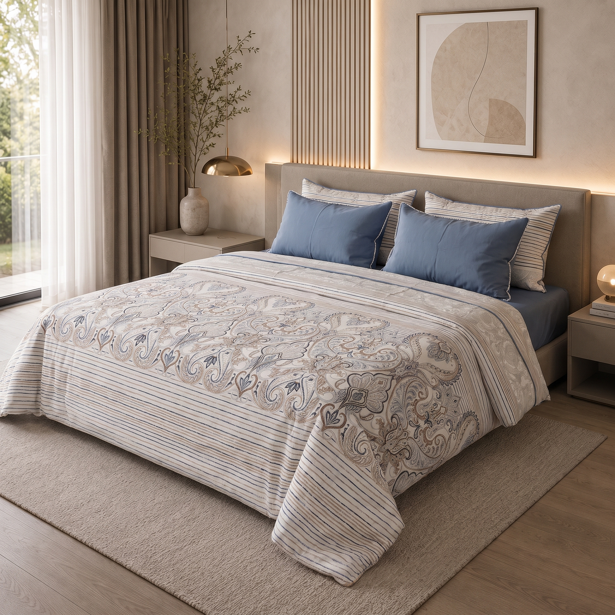 Parure de lit satin de coton modèle 5, ensemble complet 6 pièces pour matelas 180x200 avec 4 taies d'oreiller